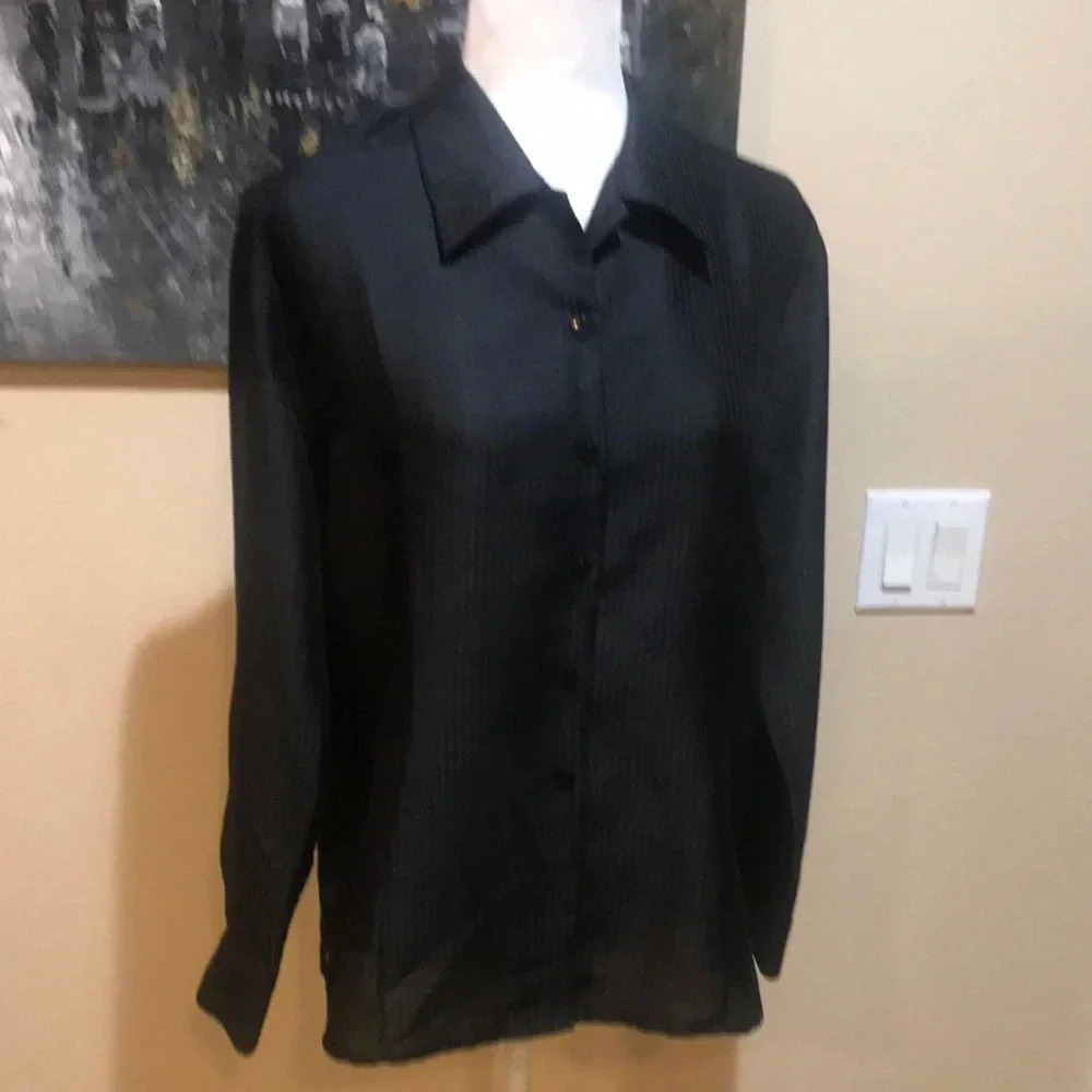 Black Button-Up Long Sleeve Top with Black Pin Stripes Round Hem-Size L